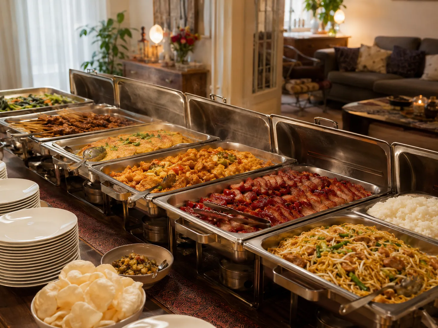 Buffet met warmhoudschalen vol Chinees-Indische gerechten