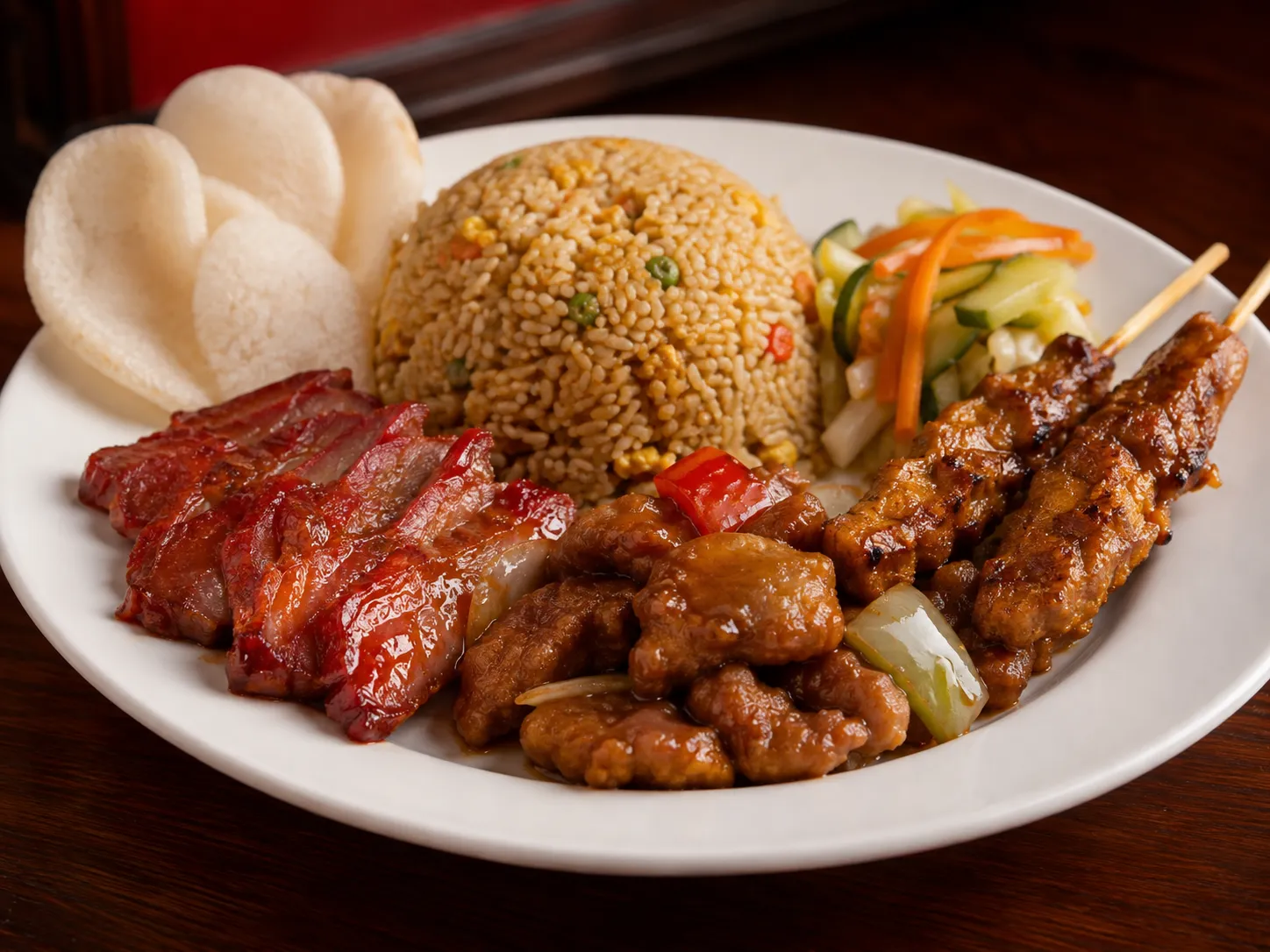 Bord met nasi, babi pangang, kroepoek en sate